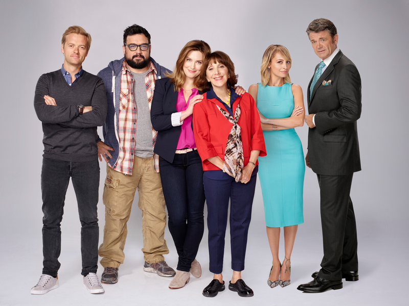 Adam Campbell, Horatio Sanz, Briga Heelan, Andrea Martin, Nicole Richie, and John Michael Higgins in Great News (Photo: Virginia Sherwood/NBC)